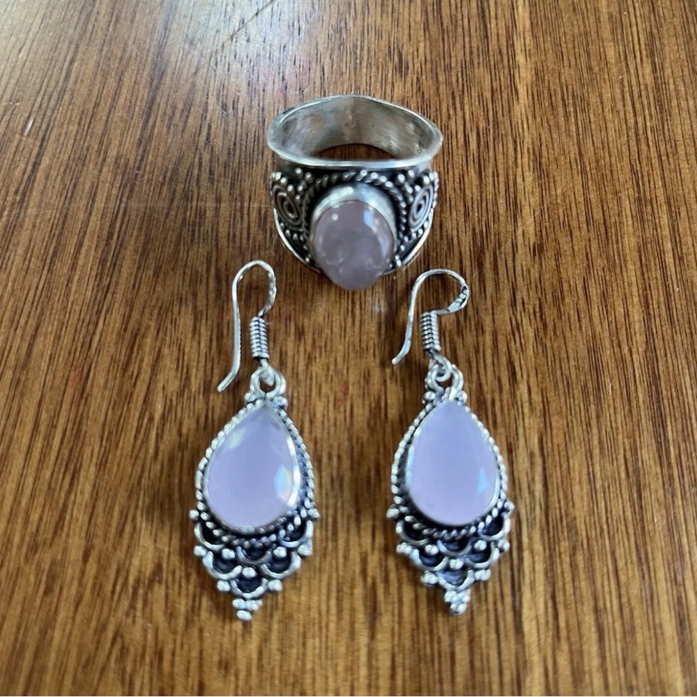 Pink Amethyst Scroll Filigree Wide Band Ring 925 SS Size 9 & Dangle Earrings Set